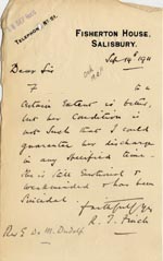 Image of Case 3271 41. Letter from Fisherton House Asylum, Salisbury to Edward Rudolf  14 September 1911
 page 1