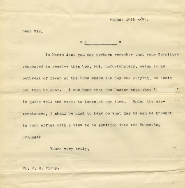 Large size image of Case 3303 8. Letter to Mr Kirby, Secretary of the House-Boy Brigade 10 August 1899
 page 1