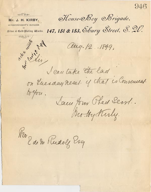 Large size image of Case 3303 9. Letter from Mr Kirby, Secretary of the House-Boy Brigade 12 August 1899
 page 1