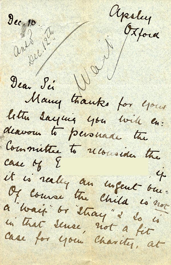 Large size image of Case 3392 4. Letter from Miss B. 10 December 1892
 page 1
