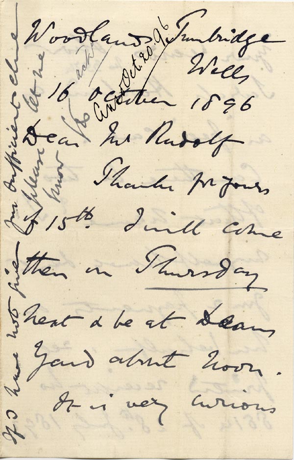 Large size image of Case 3574 13. Letter to Revd Edward Rudolf 16 October 1896
 page 1