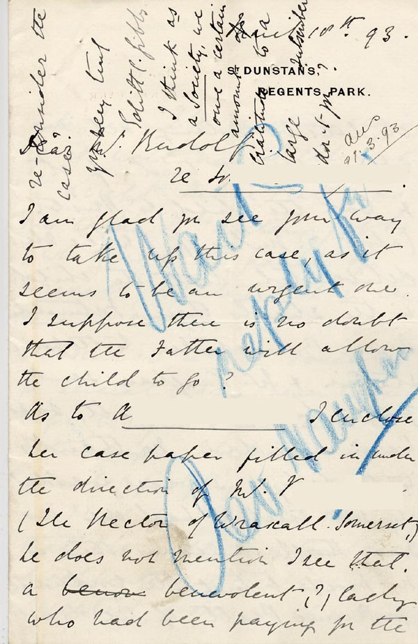 Large size image of Case 3583 2. Letter from Miss Gibbs, St. Dunstans 10 March 1893
 page 1