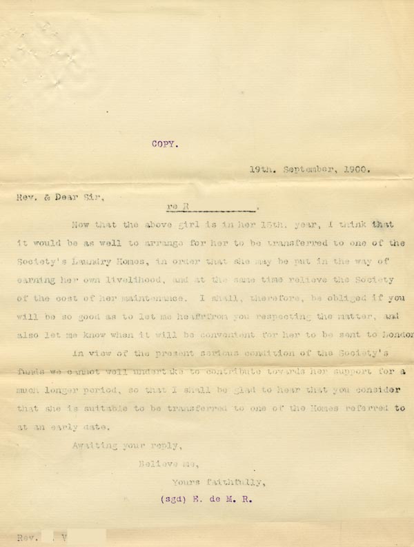 Large size image of Case 3583 6. Copy of letter from Edward Rudolf to Henry Vaughan 19 September 1900
 page 1