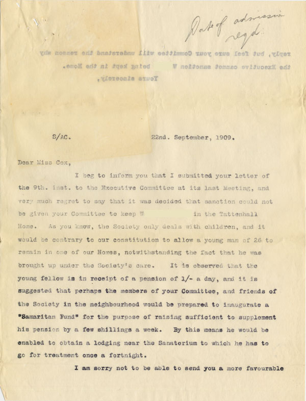 Large size image of Case 3622 7. Letter to Miss Cox 22 September 1909
 page 1