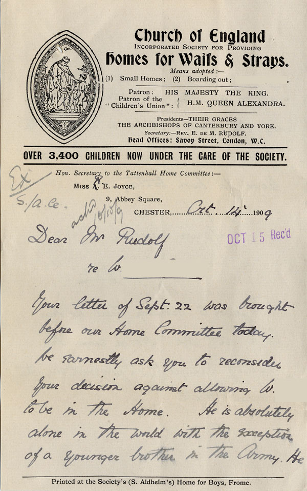 Large size image of Case 3622 11. Letter from the Tattenhall Home Committee 14 October 1909
 page 1