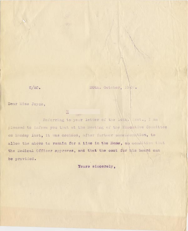 Large size image of Case 3622 12. Letter to Miss Joyce at Tattenhall Home Committee 20 October 1909
 page 1
