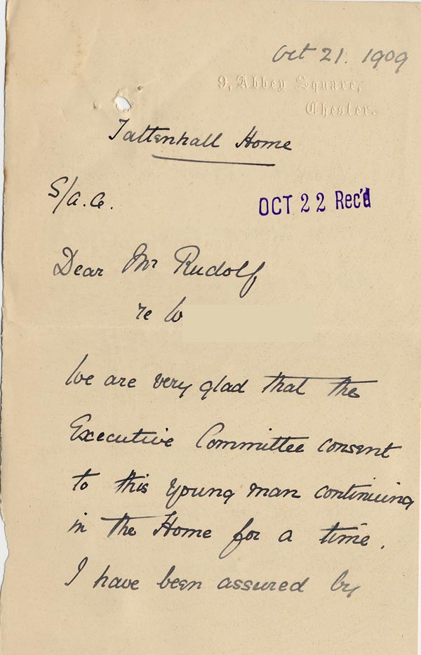 Large size image of Case 3622 13. Letter from Tattenhall Home 21 October 1909
 page 1