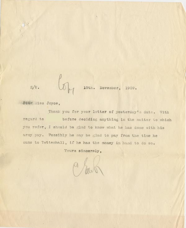 Large size image of Case 3622 15. Letter to Miss Joyce at Tattenhall Home 15 November 1909
 page 1