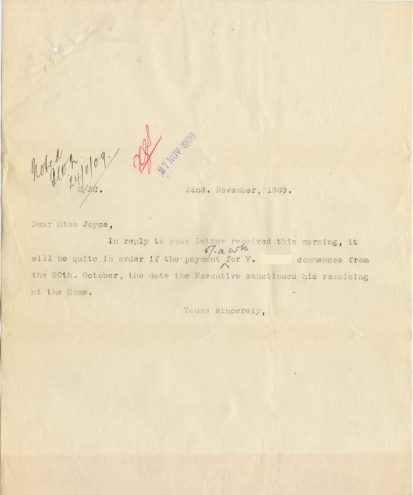 Large size image of Case 3622 17. Letter to Miss Joyce at Tattenhall Home 22 November 1909
 page 1