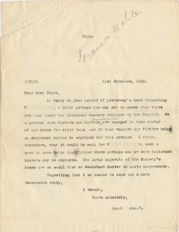 Large size image of Case 3622 21. Letter to Miss Joyce at Tattenhall Home 21 November 1910
 page 1