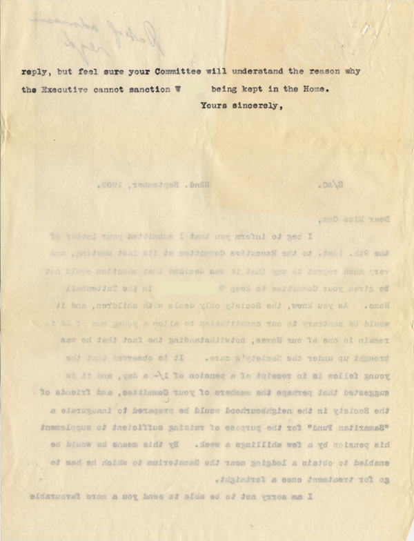Large size image of Case 3623 7. Letter to Miss Cox 22 September 1909
 page 2
