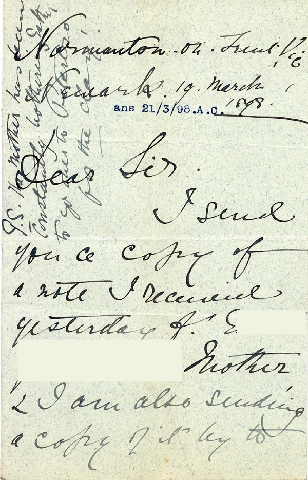 Large size image of Case 3695 4. Letter from E's employer 19 March 1898
 page 1