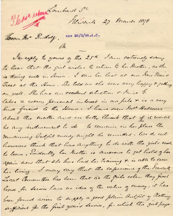 Large size image of Case 3695 6. Letter from Miss Faulkner 27 March 1898   
 page 1