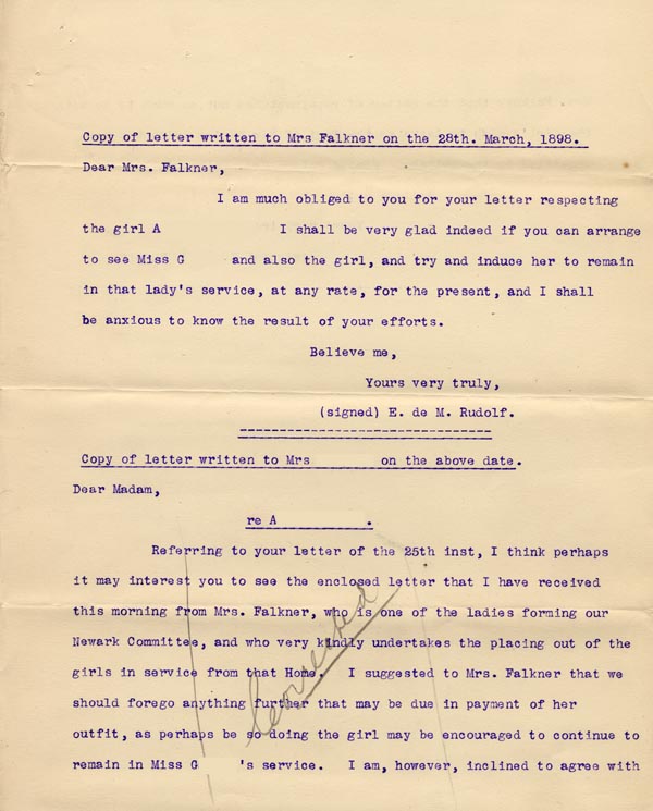 Large size image of Case 3695 7. Copies of letters to Miss Faulkner and E's employer 28 March 1898
 page 1