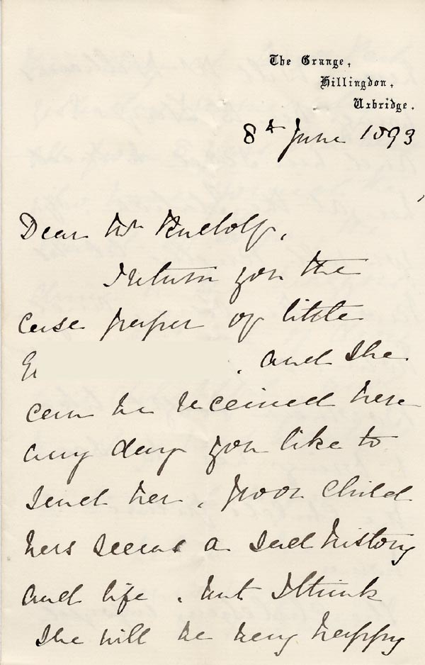 Large size image of Case 3737 5. Letter from Mrs Fenton The Grange, Hillingdon 8 June 1893
 page 1