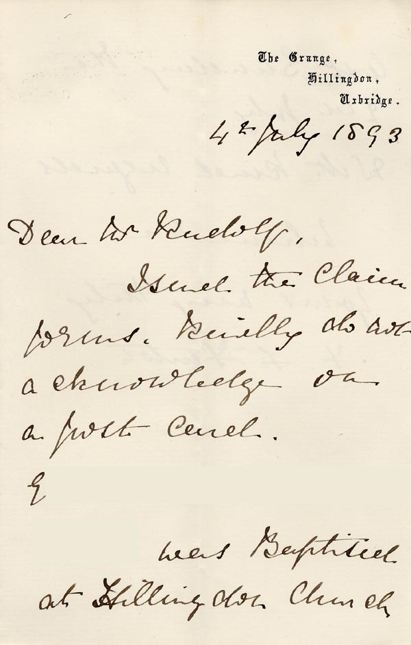 Large size image of Case 3737 6. Letter from Mrs Fenton The Grange, Hillingdon 4 July 1893
 page 1