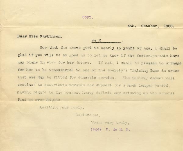Large size image of Case 3737 8. Copy of letter from Edward Rudolf to Miss. Parkinson 4 October 1900
 page 1