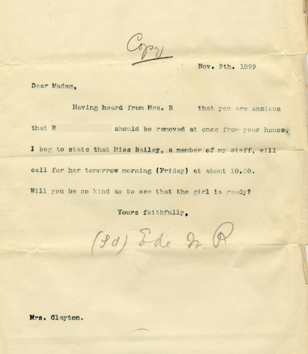 Large size image of Case 3821 10. Copy of letter to Mrs C. 9 November 1899
 page 1