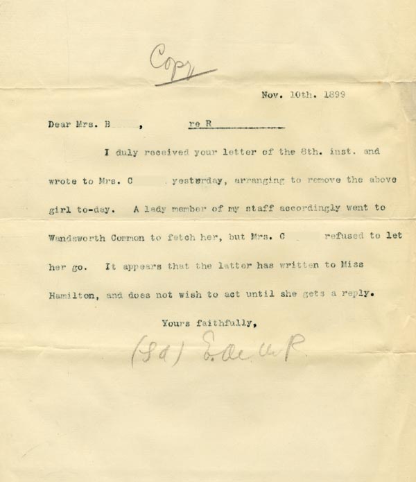 Large size image of Case 3821 12. Copy of letter to Mrs Blatch 10 November 1899
 page 1