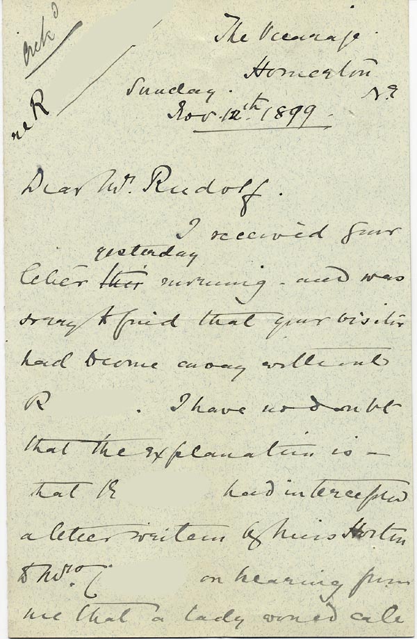 Large size image of Case 3821 13. Letter from Mrs Blatch 12 November 1899
 page 1