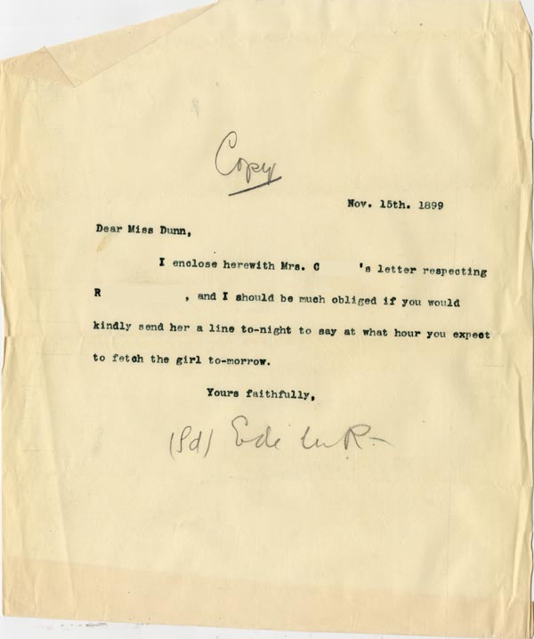 Large size image of Case 3821 14. Copy of letter to Miss Dunn from Edward Rudolf 15 November 1899
 page 1