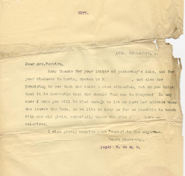 Large size image of Case 3821 16. Copy of letter to Mrs Pereira from Edward Rudolf 17 September 1901
 page 1