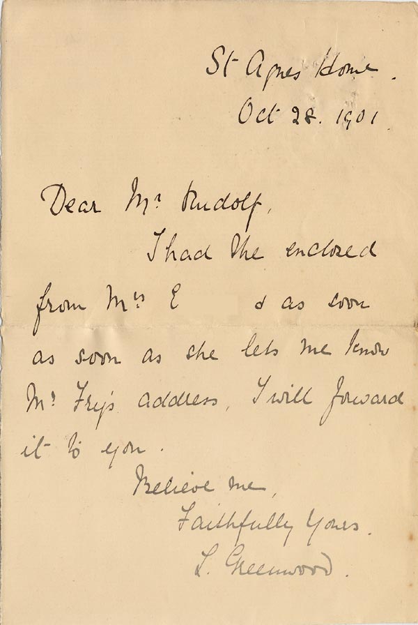 Image of Case 3821 21. Letter from Miss Greenwood 28 October 1901
 page 1