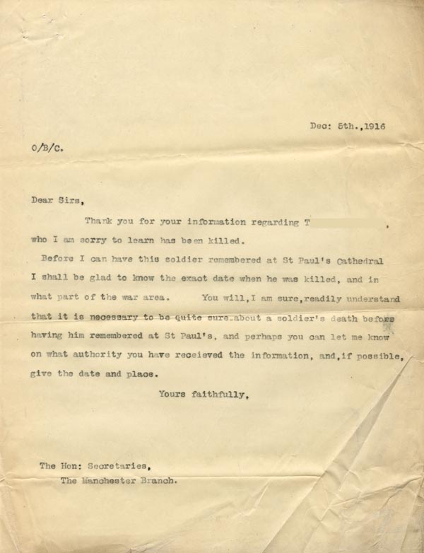 Large size image of Case 3967 6. Copy of letter from the army to the Manchester Branch Waifs and Strays  5 December 1916
 page 1
