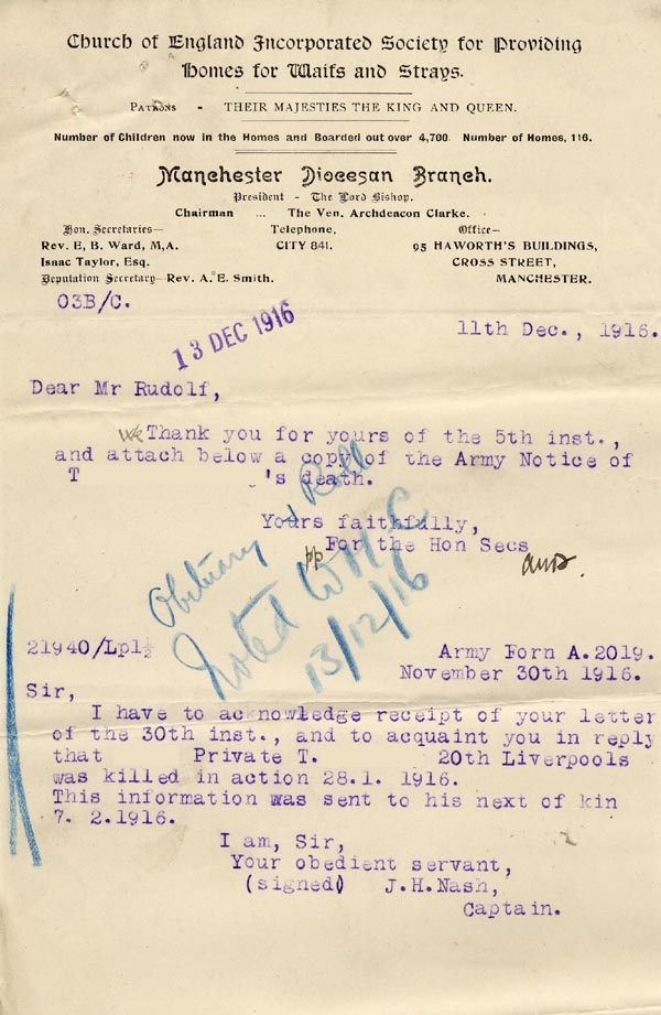 Large size image of Case 3967 7. Letter from Manchester Branch Waifs and Strays  11 December 1916
 page 1