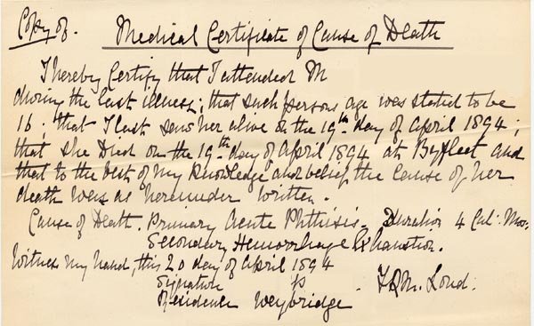 Large size image of Case 4129 4. Copy of Medical Certificate of Cause of Death 20 April 1894
 page 1