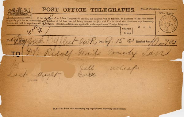 Large size image of Case 4129 5. Telegraph concerning M's death 20 April 1894
 page 1