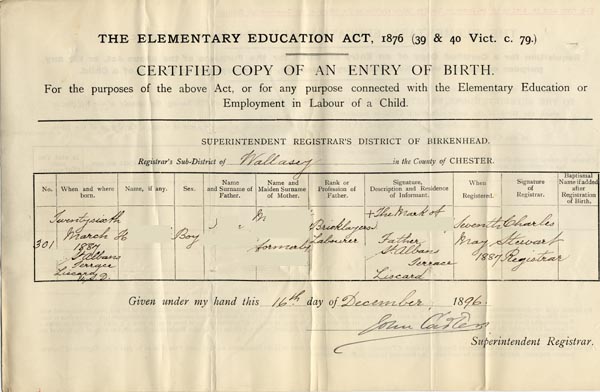 Large size image of Case 4171 4. Certified copy of H's entry of birth  16 December 1896
 page 1