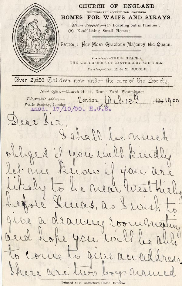Large size image of Case 4171 8. Letter from Mrs H. about H. working and giving his foster mother money  13 October 1900
 page 1
