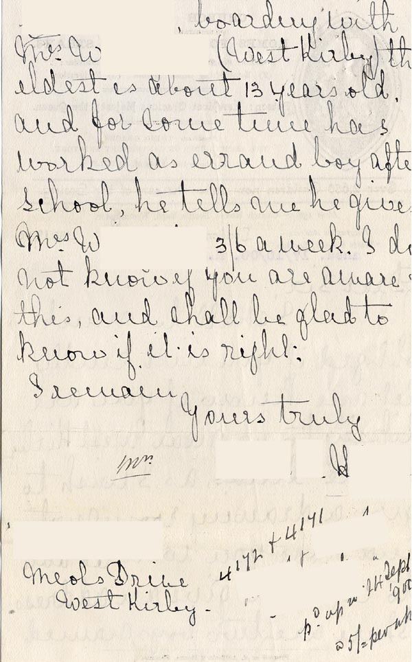 Large size image of Case 4171 8. Letter from Mrs H. about H. working and giving his foster mother money  13 October 1900
 page 2