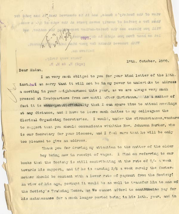 Large size image of Case 4171 9. Copy letter from Revd Edward Rudolf responding to the above letter  17 October 1900
 page 1