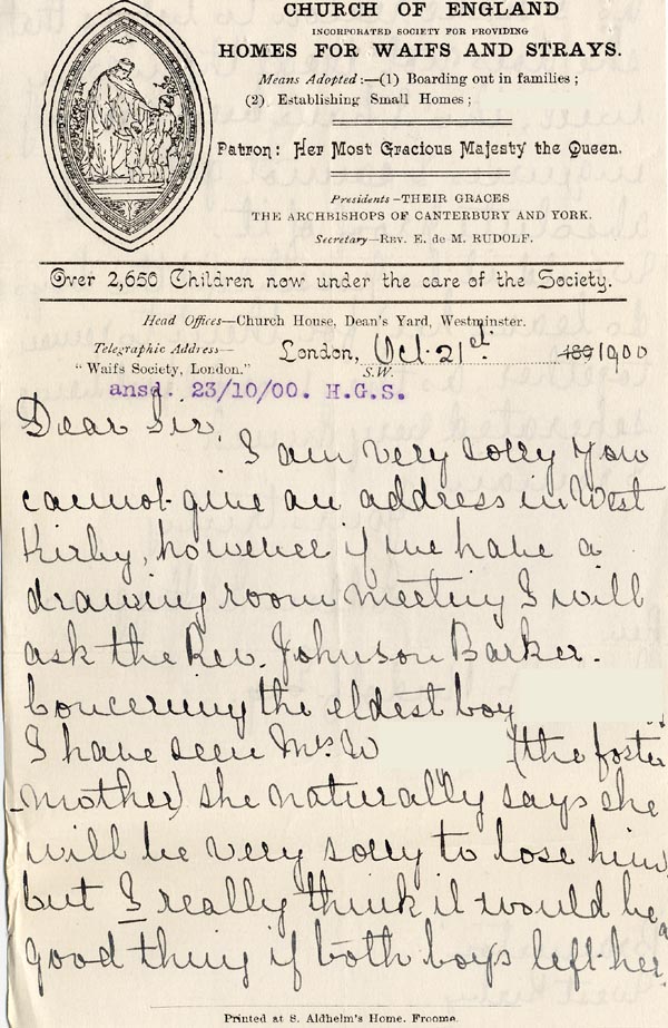 Large size image of Case 4171 10. Letter from Mrs H. suggesting both the boys leave their foster mother's care  21 October 1900
 page 1