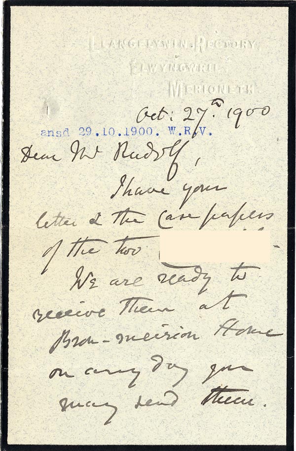 Large size image of Case 4171 13. Letter from Mr Davies of St Deniol's Home accepting the boys  27 October 1900
 page 1