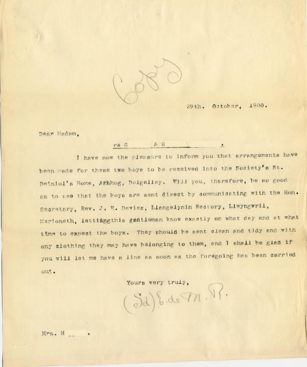 Large size image of Case 4171 14. Copy letter to Mrs H. telling her that the boys will be transferred to St Deniol's Home  29 October 1900
 page 1