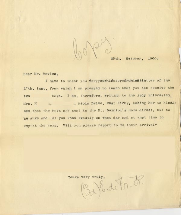 Large size image of Case 4171 15. Letter to Mr Davies about arrangements for H. and G's reception  29 October 1900
 page 1