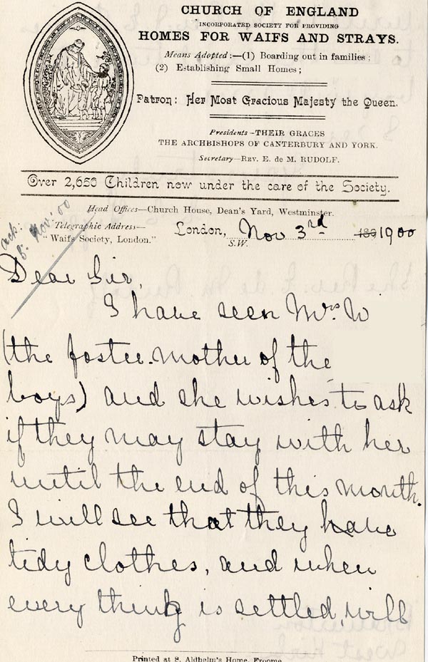 Large size image of Case 4171 16. Letter from Mrs H. asking if the boys may stay with their foster mother until the end of the month  3 November 1900
 page 1