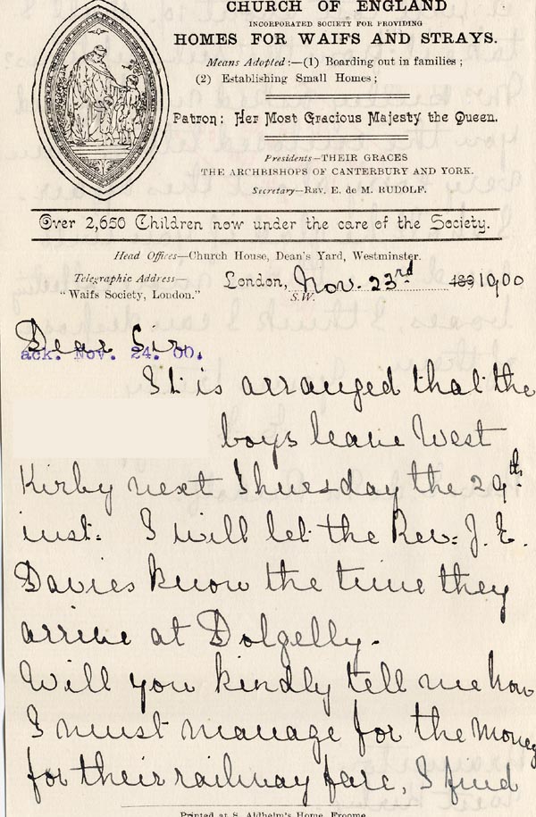 Large size image of Case 4171 17. Letter from Mrs H. giving the date the boys are to leave their foster mother and travel to the Home  23 November 1900
 page 1