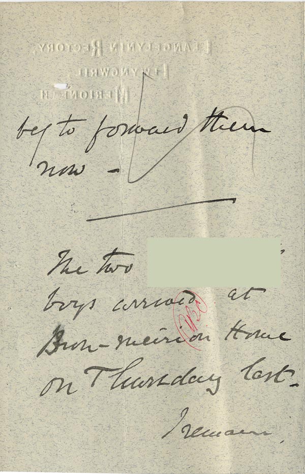 Large size image of Case 4171 19. Letter from St Deniol's Home acknowledging the boys' arrival  3 December 1900
 page 2
