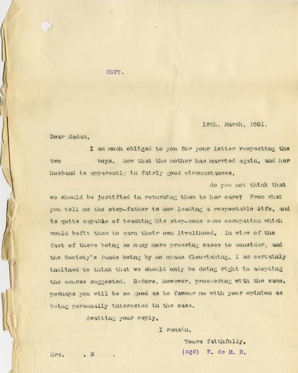 Large size image of Case 4171 22. Copy letter from Revd Edward Rudolf suggesting the boys are returned home  12 March 1901
 page 1