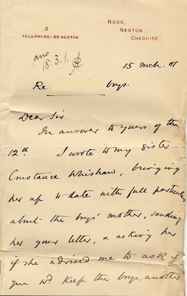 Large size image of Case 4171 24. Letter from Mrs B. asking if the boys could remain in the Home a little longer  15 March 1901
 page 1