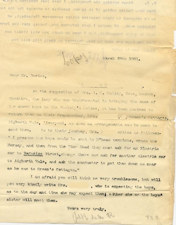 Large size image of Case 4171 30. Copy letter to St Deniol's Home about the boys' travel arrangements  29 March 1901
 page 1
