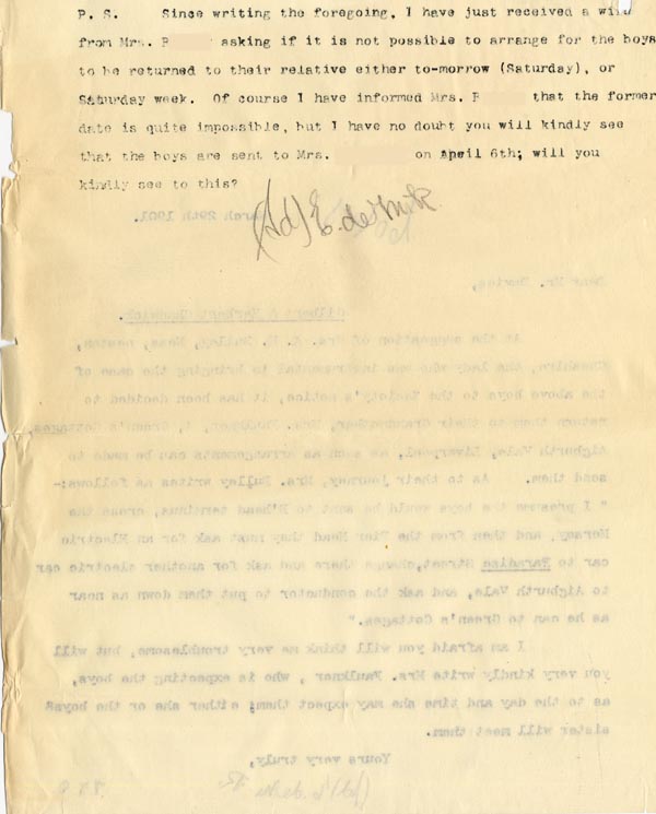 Large size image of Case 4171 30. Copy letter to St Deniol's Home about the boys' travel arrangements  29 March 1901
 page 2