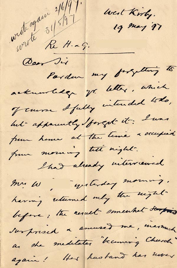 Large size image of Case 4172 6. Letter from Mrs B. about the boys' foster mother  19 May 1897
 page 1