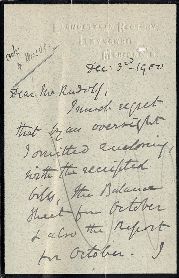 Large size image of Case 4172 19. Letter from St Deniol's Home acknowledging the boys' arrival  3 December 1900
 page 1