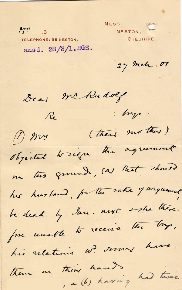 Large size image of Case 4172 26. Letter from Mrs B. saying that the family had decided to have the boys home immediately  27 March 1901
 page 1
