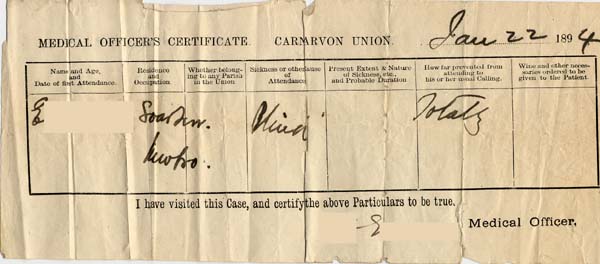 Large size image of Case 4199 2. Medical certificate from Carnarvon Workhouse confirming E's mother's blindness  22 January 1894
 page 1